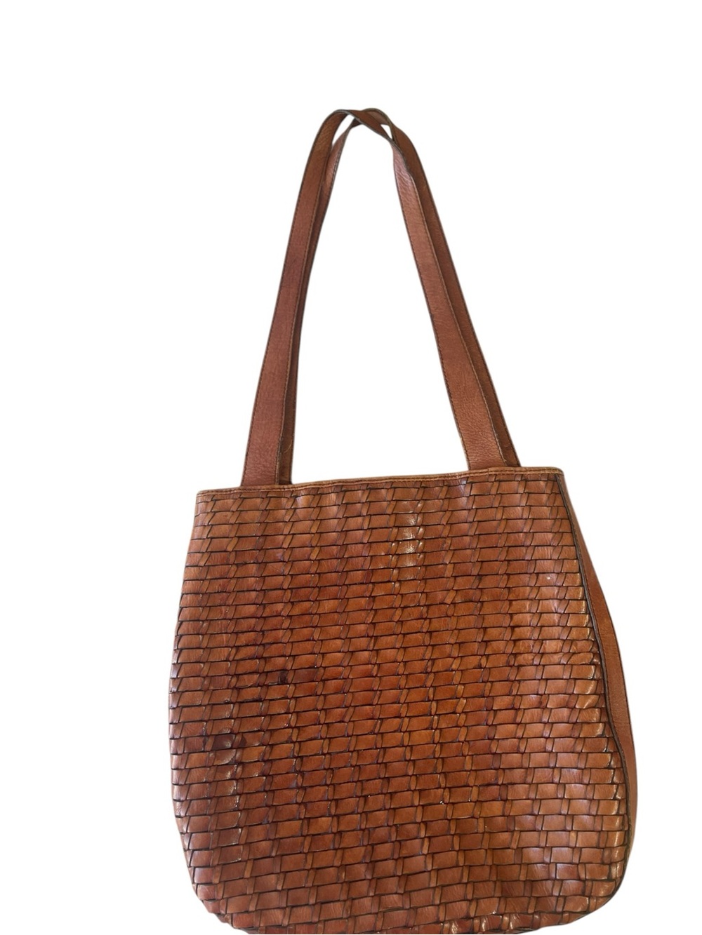 Vintage Fossil Woven Leather Shoulder Bag Tote Cognac Brown Boho Crossbody - Picture 10 of 14